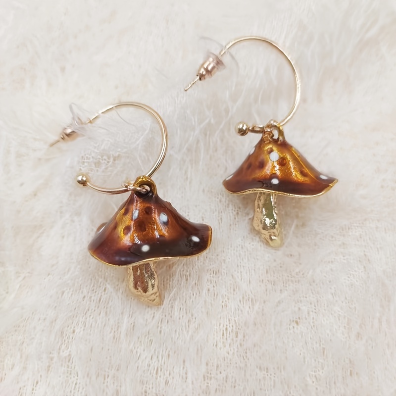 Vintage Mushroom Dangle Earrings Enamel Coating Hypoallergenic